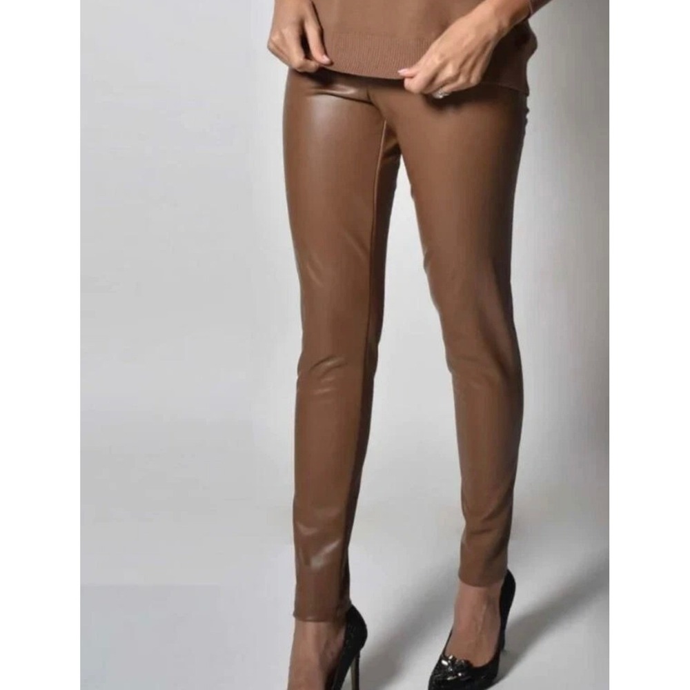 Frank Lyman Montreal 213684 Faux Leather Brown Cognac Stretch Leggings Sz 12 NEW